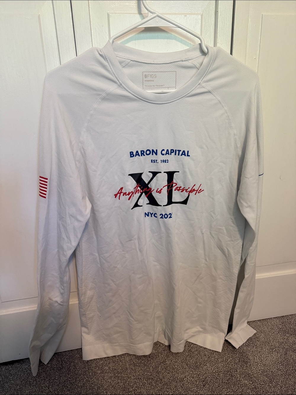 FIGS White Long-Sleeve Graphic Tee with Red & Blue Accents